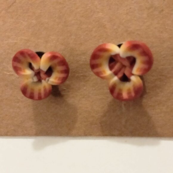Pansy Post Earrings Red Yellow Small Flower Stud - Picture 1 of 4